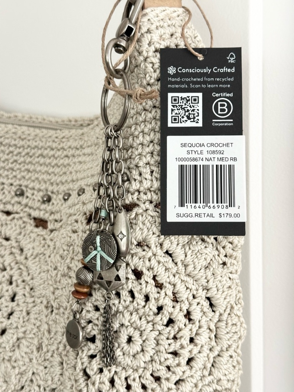 The Sak Sequoia Cream & Tan Crochet Leather Hobo Shoulder Bag with Bag Charm - Picture 4 of 17